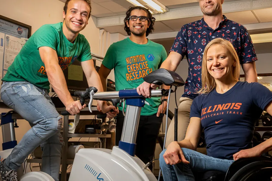 Researchers, including, from left, graduate students Alex Keeble and Rafael Alamilla, kinesiology and community health professor Nicholas Burd and graduate student Susannah Scaroni, found that potatoes boost athletic performance as well as commercial gels. 