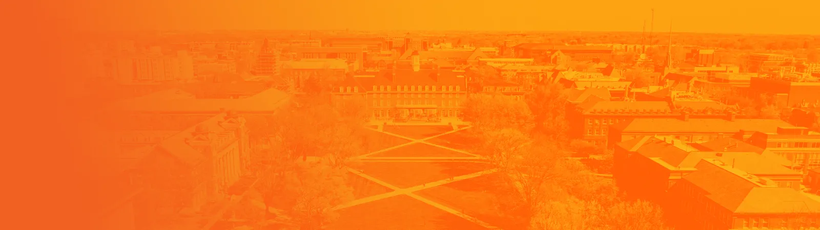 A drone shot of the main quad with an orange gradient