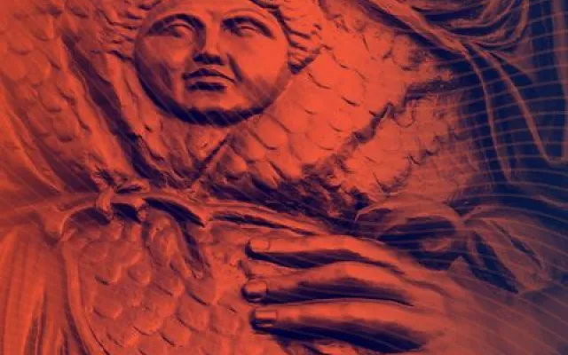 A detail in the robes of the "Learning" figure in the Alma Mater sculpture close up and stylized in orange and blue