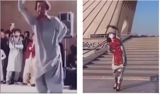 Khudanoor Lojei dancing (left) and a young woman in Azadi Square-Tehran reenacting his dance during the “Woman, Life, Freedom Movement” (right). 