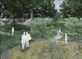 Landscape with white silouhettes and a walkway